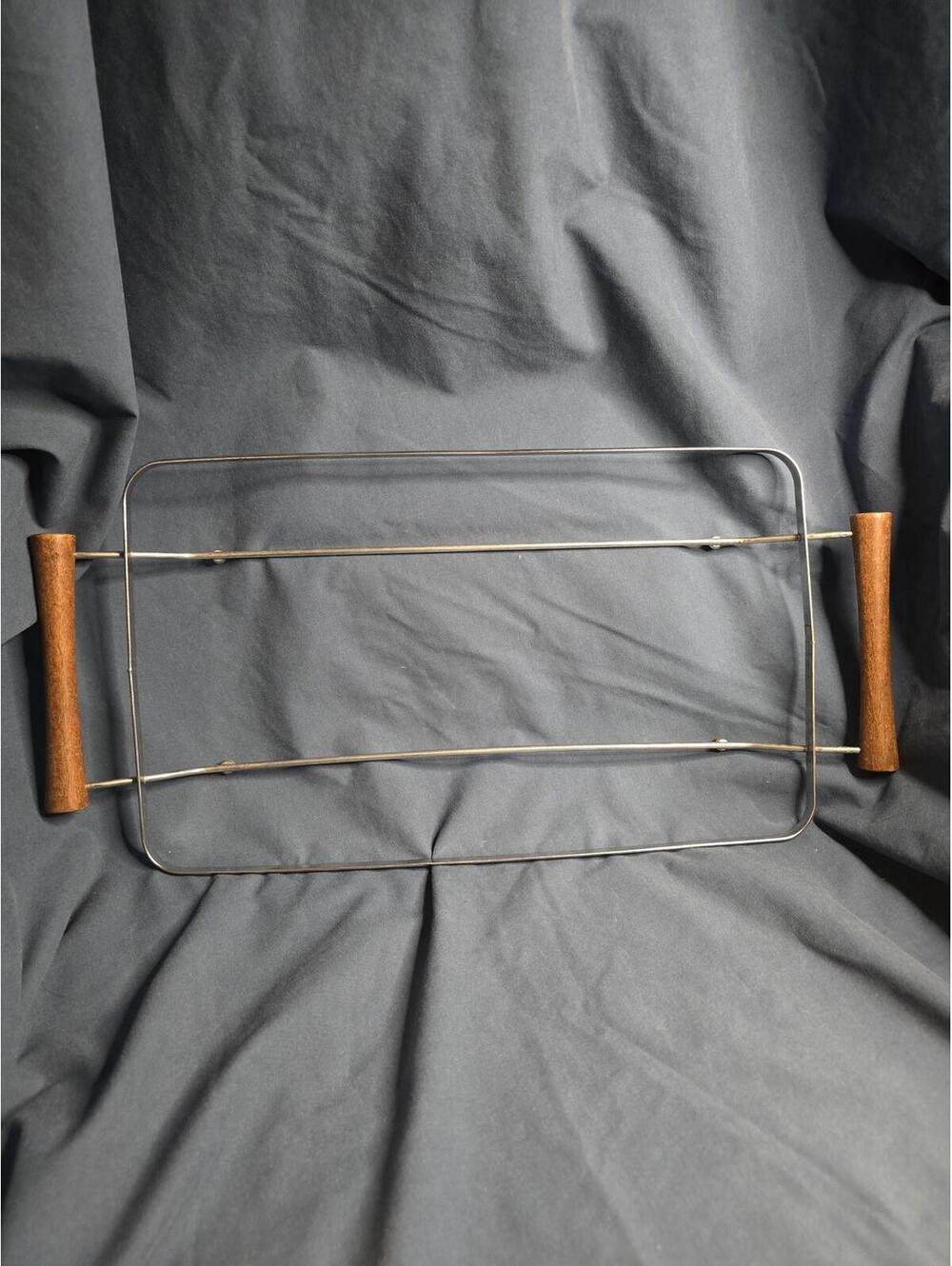 Vintage Walnut Wood Handle Metal Casserole Rack Carrier MCM 15.5" x 9.5"